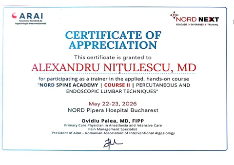 Certificat NORD NEXT / ARAI — NORD Spine Academy, Course II, lector, 2026