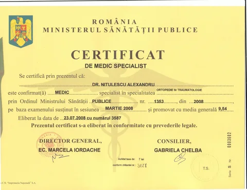 Certificat de medic specialist ortopedie-traumatologie — Ministerul Sănătății Publice, 2008